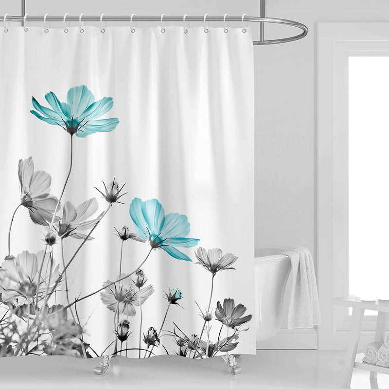 Kikiry Teal and Gray Floral Shower Curtain 60''W x 72''L Grey White Daisy Flower Elegant Wildflower Design Farmhouse Polyester Fabric12 Pack Plastic Hooks - Image 1
